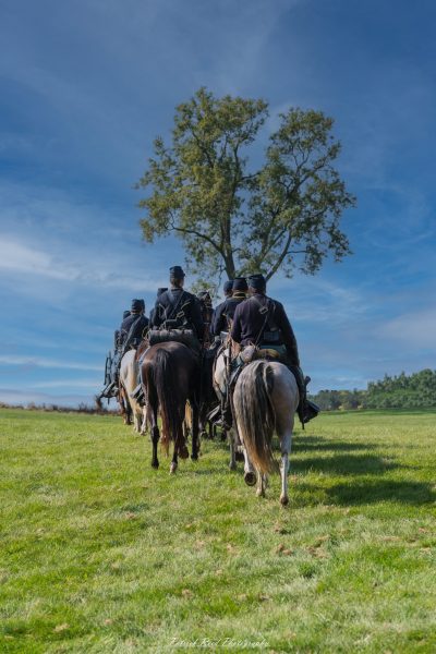 Cavalry soldiers in two rows, riding steadily towards a tree in the distance. Their horses are in motion, and the soldiers are dressed in period uniforms, exuding a sense of purpose and unity as they advance across the open terrain.
